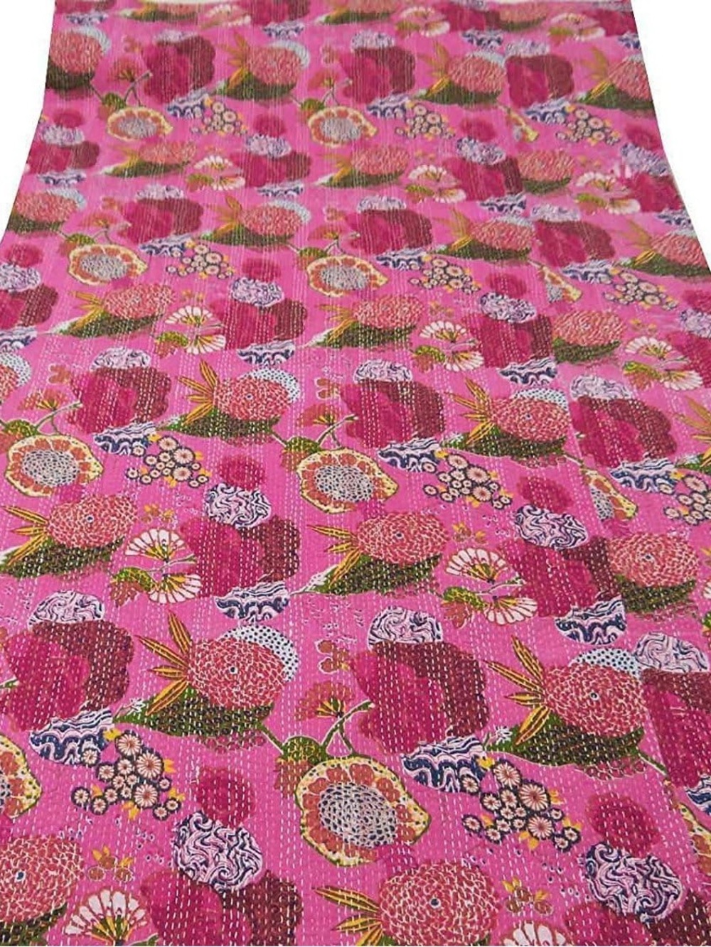 Kantha Vibrant Pink Floral Printed Blanket